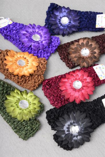 Ballerina Headband 24 pcs 2 tone Daisy Flower Dark Multi / 12 card = Dozen Stretch , Ballerina - 1.5" Wide , Flower - 3" Wide , 2 Black , 2 Brown , 2 Purple , 2 Burgundy , 2 Navy , 1 Camel , 1 Olive Green Mix.