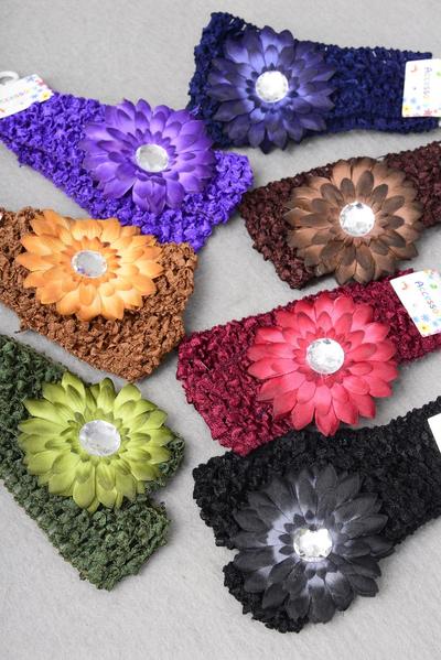 Ballerina Headband 24 pcs 2 tone Daisy Flower Dark Multi / 12 card = Dozen Stretch , Ballerina - 1.5" Wide , Flower - 3" Wide , 2 Black , 2 Brown , 2 Purple , 2 Burgundy , 2 Navy , 1 Camel , 1 Olive Green Mix.