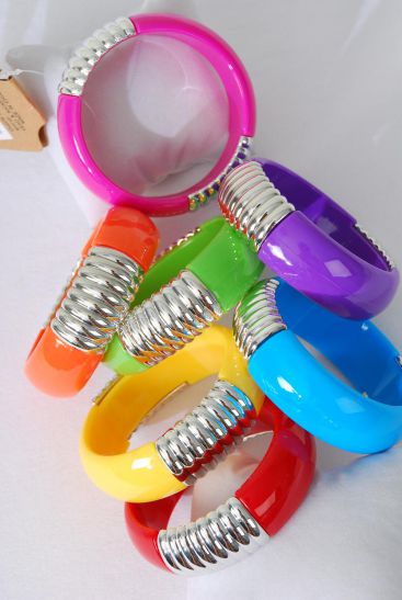 Bracelet Bangle Acrylic Solid Silver Trim Multi / 12 pcs = Dozen  Multi , Size - 2.75" x 1"  Wide , 2 Red , 2 Yellow , 2 Fuchsia , 2 Blue , 2 Purple , 1 Lime , 1 Orange Color Asst , Hang Tag & Opp bag & UPC Code 