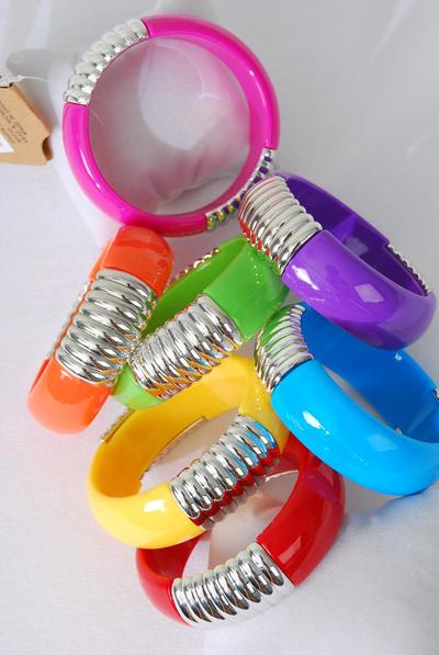 Bracelet Bangle Acrylic Solid Silver Trim Multi / 12 pcs = Dozen  Size-2.75"x 1"  Wide , 2 Red , 2 Yellow , 2 Fuchsia , 2 Blue , 2 Purple , 1 Lime , 1 Orange Color Asst , Hang Tag & Opp bag & UPC Code -