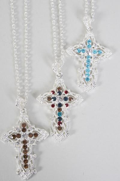 Necklace Cross Iridescent Rhinestones / PC Cross Size-2"x 1.5" Wide , 24'' Chain , Hang Tag & OPP Bag & UPC Code , Choose Colors