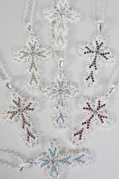 Necklace Cross Rhinestones Smoke Topaz / pcs Smoke Topaz , Cross Size - 2" x 1.5" Wide , 24'' Chain , Hang Tag & OPP Bag & UPC Code , Choose Colors