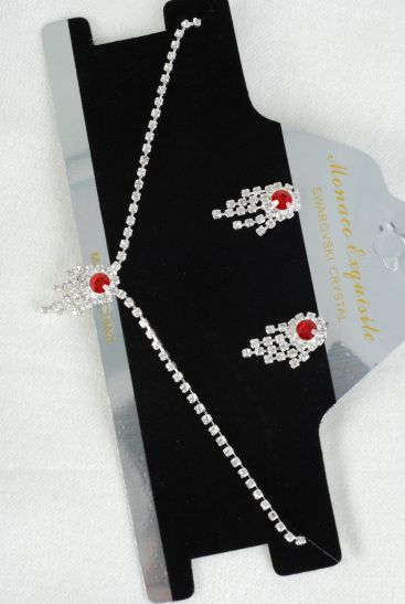 Necklace Sets Choker Rhinestones Red / 12 Sets = Dozen Red , Post , 16" Extension Chain , Velvet Display Card & Opp Bag & UPC Code