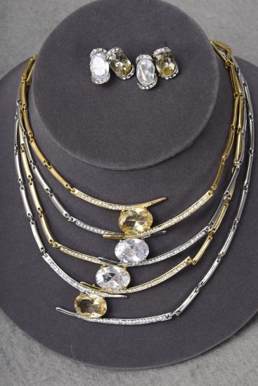 Necklace Sets Metal w Cubic Zirconium / 12 Sets = Dozen Post , Size - 18" , w Black Velvet Display Card & OPP Bag & UPC Code  , Choose Colors
