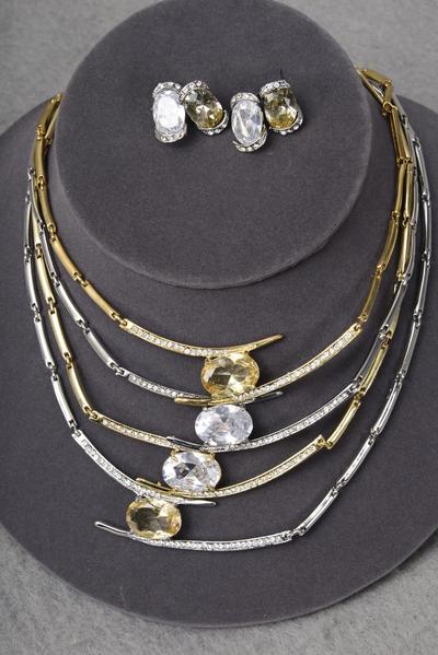 Necklace Sets Metal w Cubic Zirconium / 12 Sets = Dozen Post , Size - 18" , w Black Velvet Display Card & OPP Bag & UPC Code  , Choose Colors