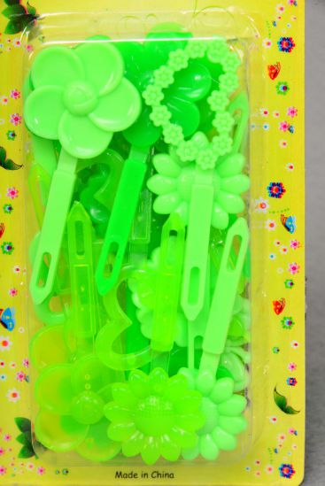 Barrettes Flowers Hearts Mix Lime Green Mix / 12 Card = Dozen  Each Card have UPC Code , 12 Card = Dozen 
