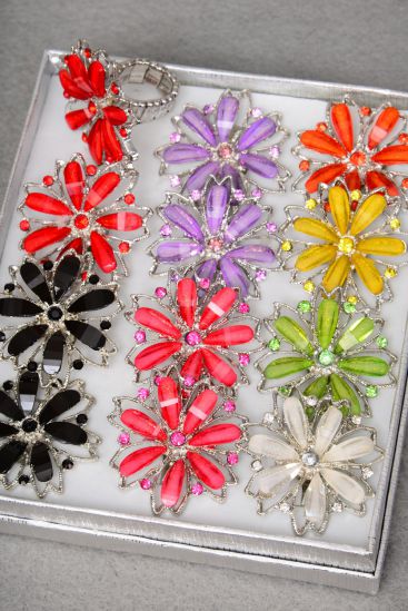 Rings Acrylic Large Cluster Flower Color Stones / 12 pcs = Dozen Disply Box Stretch , Flower Size - 1.5" Wide , 2 Black , 2 Red , 2 Fchsia , 2 Purple , 1 White , 1 Orange , 1 Yellow , 1 Lime Color Asst