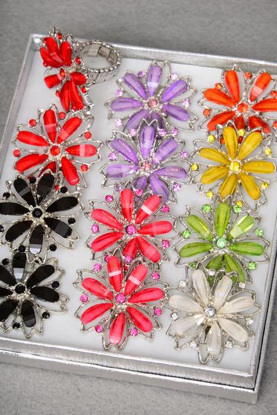 Rings Acrylic Large Cluster Flower Color Stones / 12 pcs = Dozen Disply Box Stretch , Flower Size - 1.5" Wide , 2 Black , 2 Red , 2 Fchsia , 2 Purple , 1 White , 1 Orange , 1 Yellow , 1 Lime Color Asst