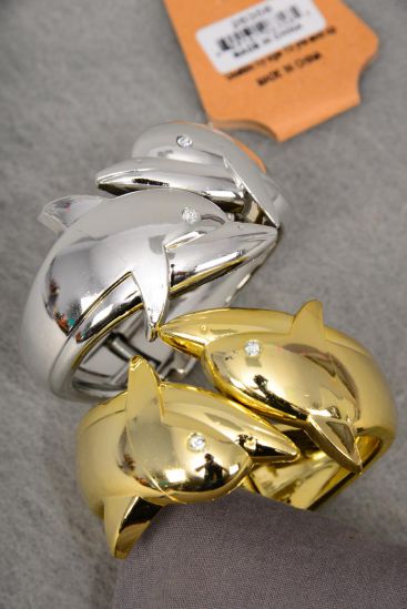 Bracelet Bangle Acrylic Hinge Dolphin Gold Silver Color Mix / 12 pcs = Dozen Hinge , Size - 2.75 x 1.25" Wide , 6 Gold , 6 Silver Color Asst , Hang Tag & OPP bag & UPC Code 