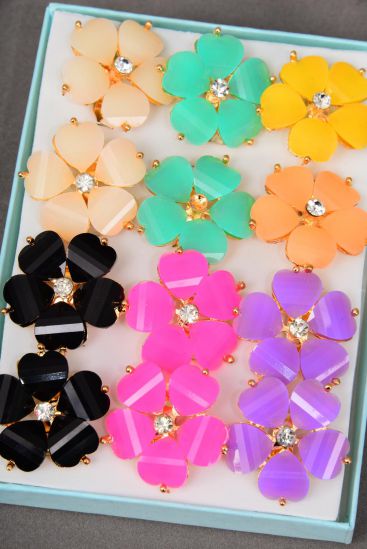 Rings Acrylic Flower Adjustable / 12 pcs = Dozen Adjustable , Flower Size - 1.25" Wide , 2 Black , 2 Pink , 2 Lavender , 2 Ivory , 2 Green , 1 Yellow , 1 Peach Color Asst.