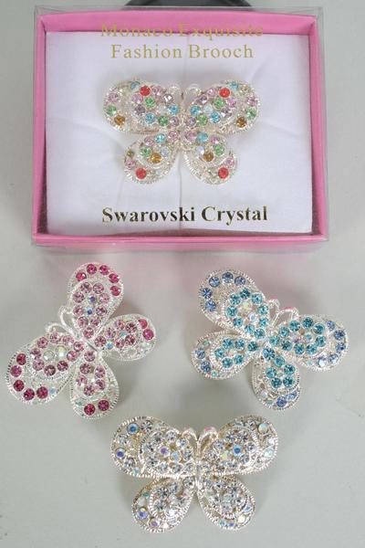 Brooch Butterfly Rhinestones / 12 pcs = Dozen Size - 2" x 1.25" Wide , W OPP Bag , Choose Colors