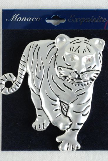 Brooch Tiger Pin Matte Silver Finish / 12 pcs = Dozen Silver , Size - 3" x 2.5" Wide , Velvet Card & OPP Bag