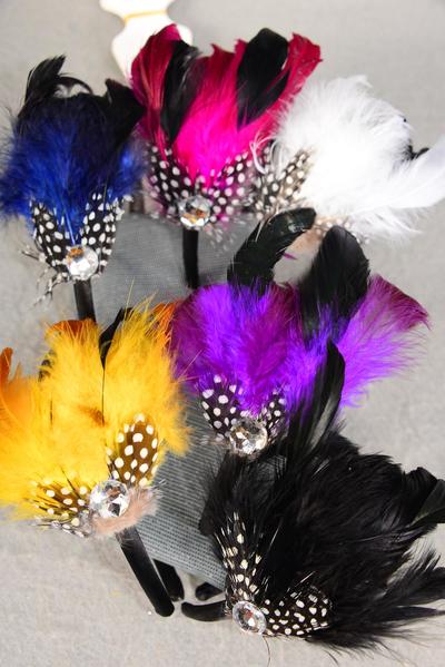Headband Horseshoe Faux Feather Dark Multi / 12 pcs = Dozen Feather , 2 of each Pattern Asst , Hang Tag & UPC Code , W Clear Box