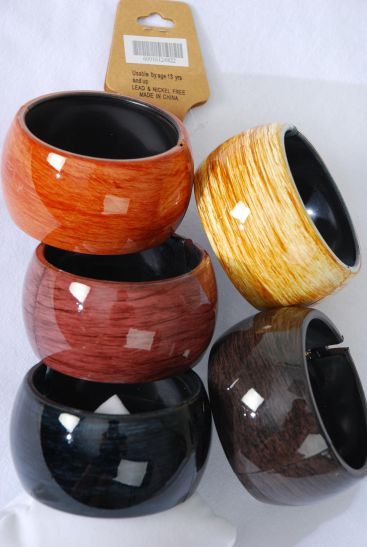 Bracelet Bangle Wide Acrylic Hinge Brush Stroke Wood Finish / 12 pcs = Dozen Hinge , Size - 2.75 x 1.75" Wide , 3 Black , 3 Ivory , 2 Brown , 2 Medium Brown , 2 Dark Brown , 5 Color Asst , Hang Tag & OPP bag & UPC Code