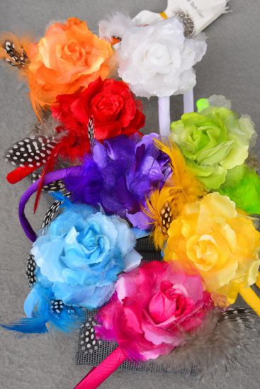 Headband Horseshoe Silk Rose Faux Fur Multi / 12 pcs = Dozen Flower Size - 4.5" Wide , 2 White , 2 Orange , 2 Purple , 2 Fuchsia , 1 Red , 1 Yellow , 1 Blue , 1 Lime Color Asst , Hang tag & UPC Code , Clear Box