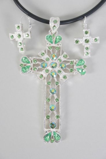Necklace Sets Large Cross Rhinestone Lime / 12 Sets = Dozen Lime , Size -18 " , French Post , Cross Size - 3.5" x 2" Wide , Earring - 1" x 0.75" Wide , Extenstion Chain,Display Card & OPP Bag & UPC Code