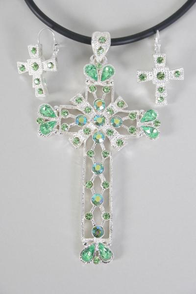 Necklace Sets Large Cross Rhinestone / 12 Sets = Dozen French Post , Size - 18" , Cross - 3.5" x 2" Wide , Earring - 1" x 0.75" Wide , Extenstion Chain , Display Card & OPP Bag & UPC Code , Choose Colors