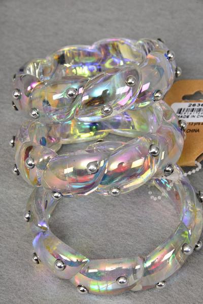 Bracelet Bangle Acrylic Woven Iridescent Silver Studded / 12 pcs = Dozen Size - 2.75" x 1"Dia Wide , Hang Tag & Opp Bag & UPC Code