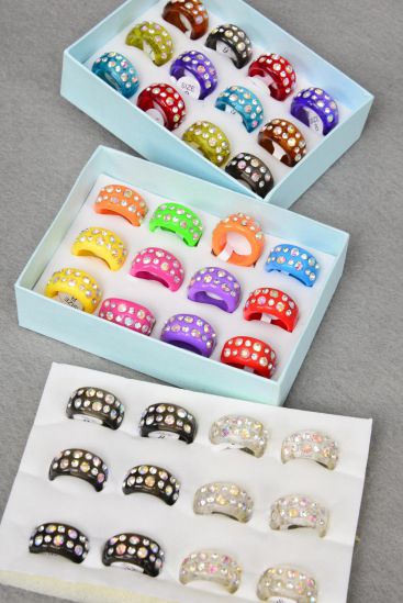 Rings Acrylic Oblong Shape Rhinestones / 12 pcs = Dozen Pre 6 7 8 9 Size Mix, Choose Colors, Velvet Ring Display Box, Opp bag & UPC Code 