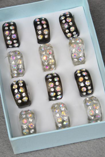 Rings Acrylic Oblong Clear Rhinestones Black Clear Mix / 12 pcs = Dozen 6 Black , 6 Clear Mix , Size - 7  8  9 Mix , Velvet  Ring Display Box & OPP Bag & UPC Code 