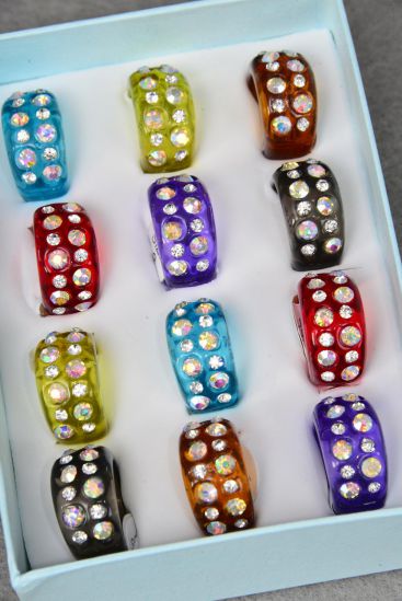 Rings Acrylic Oblong Clear Rhinestones Transparent / 12 pcs = Dozen Transparent , Size - 6  7  8 Mix , Velvet Ring Display Box & OPP Bag & UPC Code