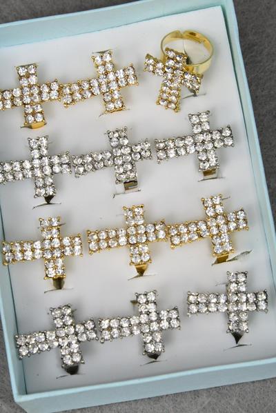 Rings Cross Metal Gold Silver Mix w Clear Rhinestones / 12 pcs = Dozen Adjustable , Cross Size - 1.5" x 1" Wide , 6 Gold , 6 Silver Color Mix , 1Dz Velvet Display Window Box & OPP Bag & UPC Code