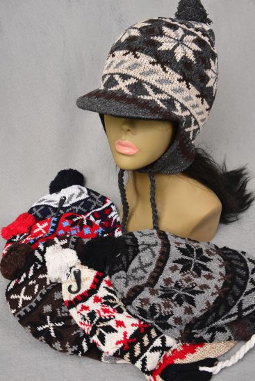 Winter Knitted Hat Snowflake Fleece Inside W Visor/DZ 2 Black,2 Brown,2 Gray,2 Red,2 Navy,2 Beige,6 Color Asst,OPP Bag & UPC Code