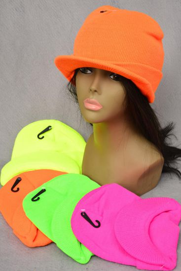 Hat Winter Knit Hat Beanie Hat with Visor Neon Color Asst / 12 pcs = Dozen Winter Knit Beanie , 3 Of Each Color Asst , Hang Tag & OPP Bag & UPC Code