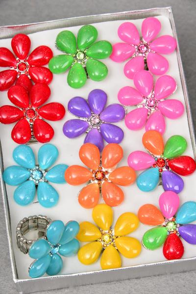 Rings Candy Flower Color Rhinestones Stretch / 12 pcs = Dozen  Stretch , Face Size-1.5" Wide , 2 Multi , 2 Red , 2 Blue , 2 Pink , 1 Lavender , 1 Yellow , 1 Orange , 1 Lime Color Asst.
