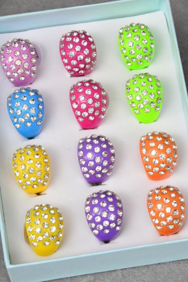 Rings Acrylic Dome Rhinestones Citrus / 12 pcs = Dozen  Citrus , Size - 7  8 9 Mix , 2 Fuchsia , 2 Purple , 2 Yellow , 2 Orange , 2 Lime , 1 Blue , 1 Pink Color Asst .