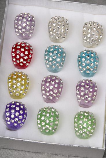Rings Acrylic Dome Shape Rhinestones Pastel / 12 pcs = Dozen Pastel , Size - 7  8  9 Mix , 2 Pink , 2 Yellow , 2 Blue , 2 Clear , 2 Lime , 1 Lavender , 1 Fuchsia Color Mix .