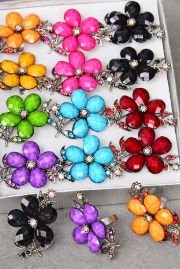 Rings Flower Acrylic Marble Rhinestones Adjustable / 12 pcs = Dozen Adjustable , Flower Size - 1.5" x 1.25" Wide , 2 Black , 2 Pink , 2 Yellow , 2 Red , 2 Blue , 1 Green , 1 Purple Color Asst.