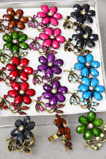 Rings Flower Acrylic Dark Marble Rhinestones Mix Adjustable / 12 pcs = Dozen Adjustable , Flower Size - 1.5" x 1.25" Wide , 2 Black , 2 Red , 2 Fuchsia , 2 Purple , 2 Blue , 1 Brown , 1 Green Color Asst.