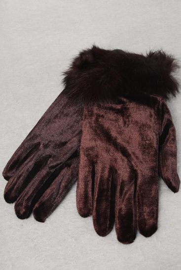 Velvet Glove Brown With Real Rabbit Fur Stretch Brown / Pair  Department Store Quality , OPP Bag & UPC Code
