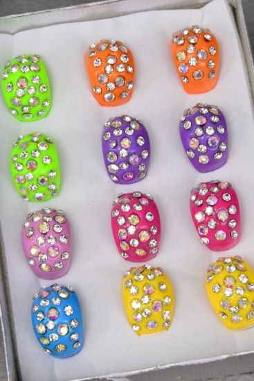 Rings Acrylic Dome Rhinestones Citrus / 12 pcs = Dozen  Citrus , Size - 7  8  9 Pre Mix , 2 Fuchsia , 2 Purple , 2 Yellow , 2 Orange , 2 Lime ,1 Blue ,1 Pink Color Asst 