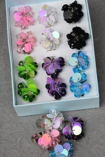 Rings Sequin Charms Glass Crystal Mix / 12 pcs = Dozen  Adjustable , Width 1.25" Wide , 2 of each Color Asst , Velvet Ring Display Box & OPP Bag & UPC Code
