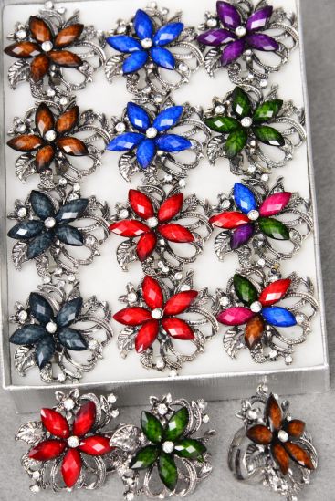 Rings Flower Marble Clear Rhinestones Antique / 12 pcs = Dozen Adjustable , Flower Size - 1.25" Wide , 2 Multi , 2 Black , 2 Red , 2 Brown , 1 Purple , 2 Royal Blue ,1 Green Color Asst.