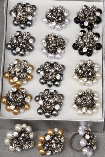 Rings Cluster Pearls Daisy Flowers Center Frog / 12 pcs = Dozen Adjustable , Face Size - 1.25" Wide ,4 Gray , 2 White , 2 Cream , 2 Black , 2 Gold Pearl Mix , 1DZ Velvet Ring Display Box & OPP bag & UPC Code 