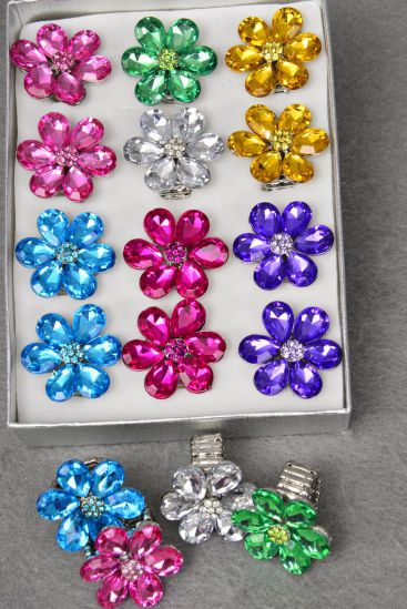 Rings Acrylic Flower Citrus Color Rhinestones Stretch / 12 pcs = Dozen Stretch , Flower Size - 1" Wide , 2 Fuchsia , 2 Pink , 2 Purple , 2 Turquoise , 2 Yellow , 1 Clear , 1 Green Color Asst.