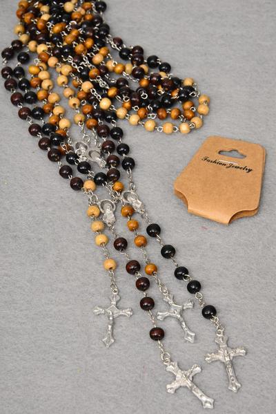 Necklace 6 mm Wooden Beads Crucifix Mother Virgin Mary Rosary Beads / 12 pcs = Dozen Size - 32" Long , Hang Tag & OPP Bag & UPC Code , Choose Colours