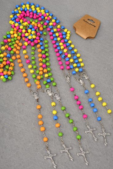 Necklace 6 mm Wooden Beads Crucifix Mother Virgin Mary Rosary Multi / 12 pcs = Dozen Multi , 32" Long , 2 Multi , 2 Fuchsia , 2 Blue , 2 Green , 2 Orange , 2 Yellow Color Asst , Hang Tag & OPP Bag & UPC Code