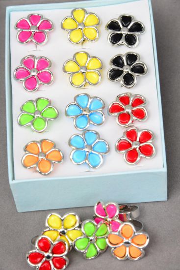 Rings Poly Flower Multi Silver Trim / 12 pcs = Dozen Adjustable , Flower Size - 1" Wide , 2 Red , 2 Black , 2 Fuchsia , 2 Yellow , 2 Lime , 1 Blue ,1 Orange Color Asst