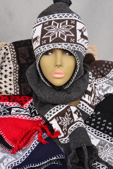Winter Knit Scarf & Hat Set Fleece Inside Snowflake & Deer / 12 Set per Dozen Multi , Scarf Size- 64"x 8" Wide , 2 Red , 2 Black , 2 Brown , 2 Gray , 2 Khaki , 2 Navy Asst , OPP Bag
