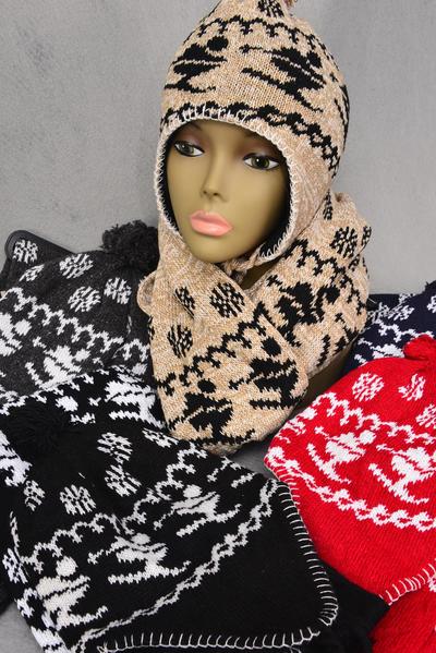 Hat Winter Knit Scarf Hat Set Fleece Inside Snowflake Ski / Sets  Scarf Size - 64" x 8" Wide , OPP bag & UPC Code , Choose Colors