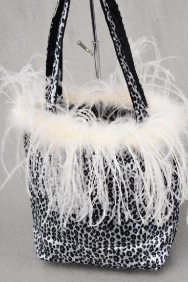 Purse Feathers Gray Leopard Pattern Purse w Black Velvet Reversible inside / PC Reversible , Size - 18" x 12" Wide w Handle , Gray Leopard & Black Reversible , OPP Bag & UPC Code 