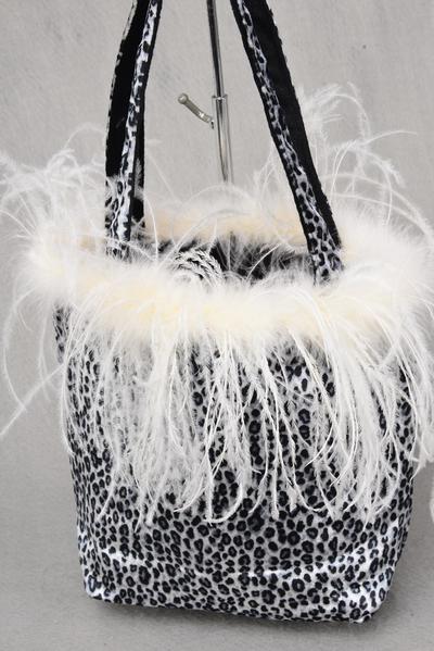 Purse Feathers Gray Leopard Pattern Purse w Black Velvet Reversible inside / PC Reversible , Size - 18" x 12" Wide w Handle , Gray Leopard & Black Reversible , OPP Bag & UPC Code 