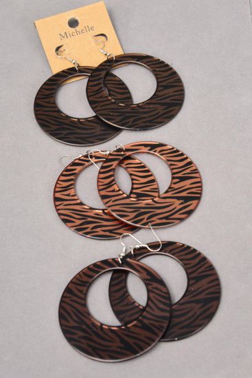 Earrings Poly Zebra Brown Tone Mix / 12 pair = Dozen Fish Hook , Size - 2.25" Wide , 4 of each Pattern Asst , Earring Card & OPP Bag & UPC Code