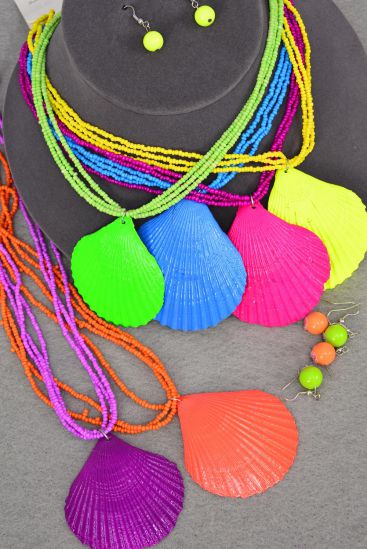 Necklace Sets Caribbean Neon Seashell Pendant Indian Beads / 12 pcs = Dozen Caribbean Neon , 18" Long , Pendant Size - 2" x 2" , 2 of each Color Mix , Hang Tag & OPP bag & UPC Code