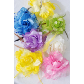 Silk Flower Rose Mesh &amp; Feathers Alligator Clip &amp; Brooch Pastel/DZ **Pastel** Size-5&quot; Wide,2 of each Color Asst,Alligator Clip &amp; Brooch,Display Card &amp; UPC Code,W Clear Box -