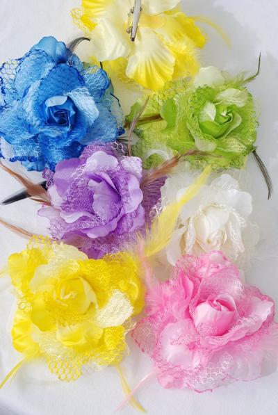 Flower Silk Flower Rose Mesh Feathers w Alligator Clip Brooch Pastel / 12 pcs Flower = Dozen Size - 5" Wide , 2 of each Color Asst , Alligator Clip & Brooch ,  Display Card & UPC Code, W Clear Box .